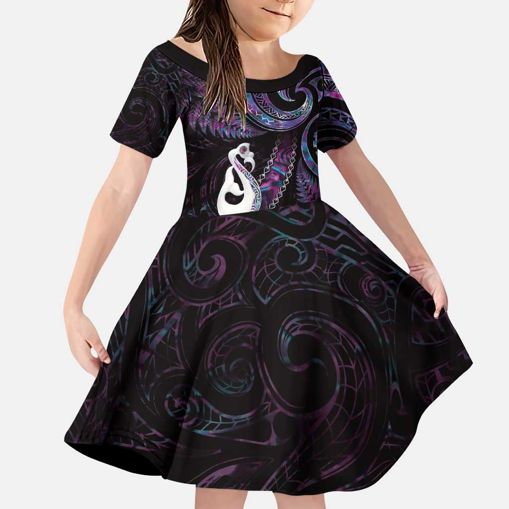 New Zealand Aotearoa Family Matching Puletasi and Hawaiian Shirt Maori Manaia Paua Shell Glitter Purple LT05 Daughter's Dress Purple - Polynesian Pride