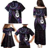 New Zealand Aotearoa Family Matching Puletasi and Hawaiian Shirt Maori Manaia Paua Shell Glitter Purple LT05 - Polynesian Pride