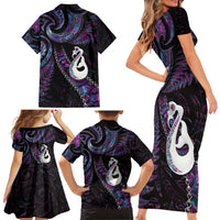 New Zealand Aotearoa Family Matching Short Sleeve Bodycon Dress and Hawaiian Shirt Maori Manaia Paua Shell Glitter Purple LT05 - Polynesian Pride