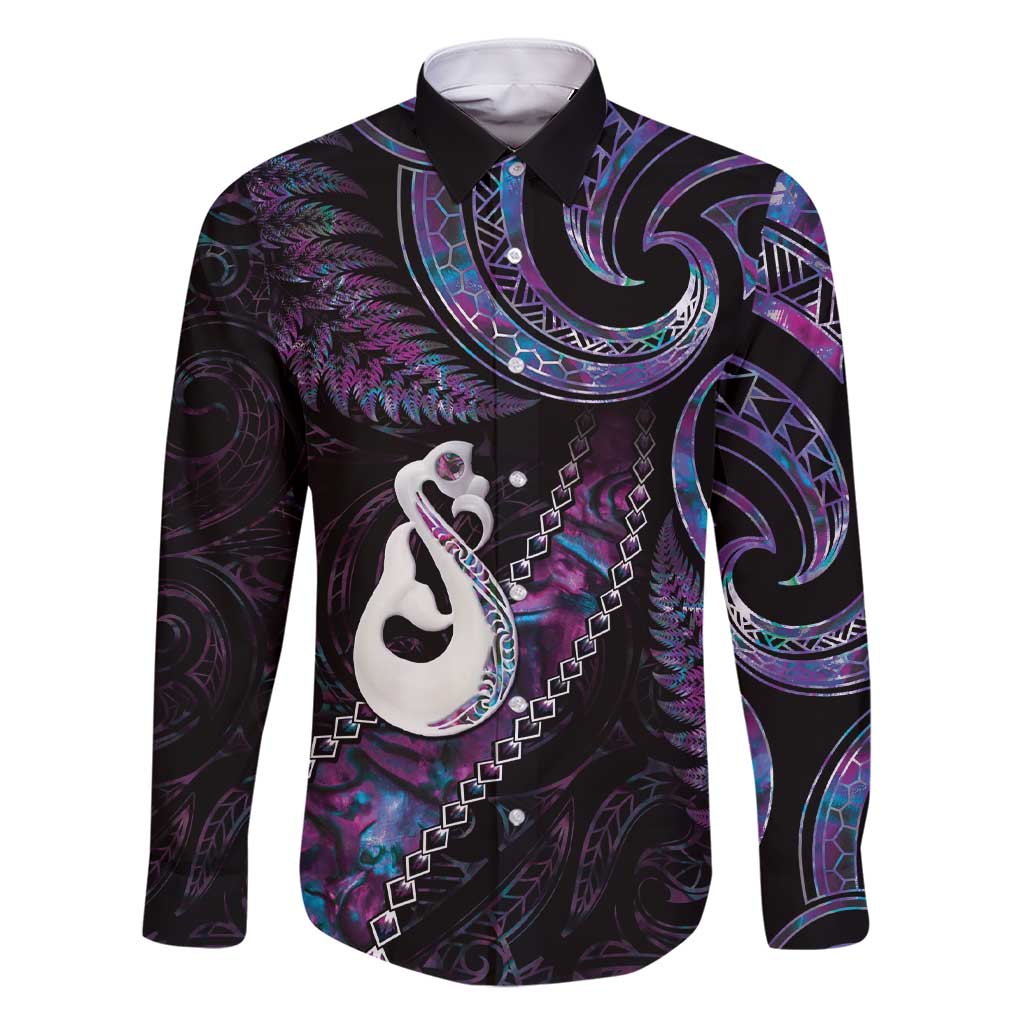 New Zealand Aotearoa Family Matching Short Sleeve Bodycon Dress and Hawaiian Shirt Maori Manaia Paua Shell Glitter Purple LT05 Dad's Shirt - Long Sleeve Purple - Polynesian Pride