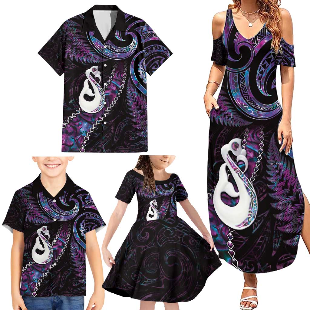 New Zealand Aotearoa Family Matching Summer Maxi Dress and Hawaiian Shirt Maori Manaia Paua Shell Glitter Purple LT05 - Polynesian Pride