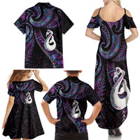 New Zealand Aotearoa Family Matching Summer Maxi Dress and Hawaiian Shirt Maori Manaia Paua Shell Glitter Purple LT05 - Polynesian Pride
