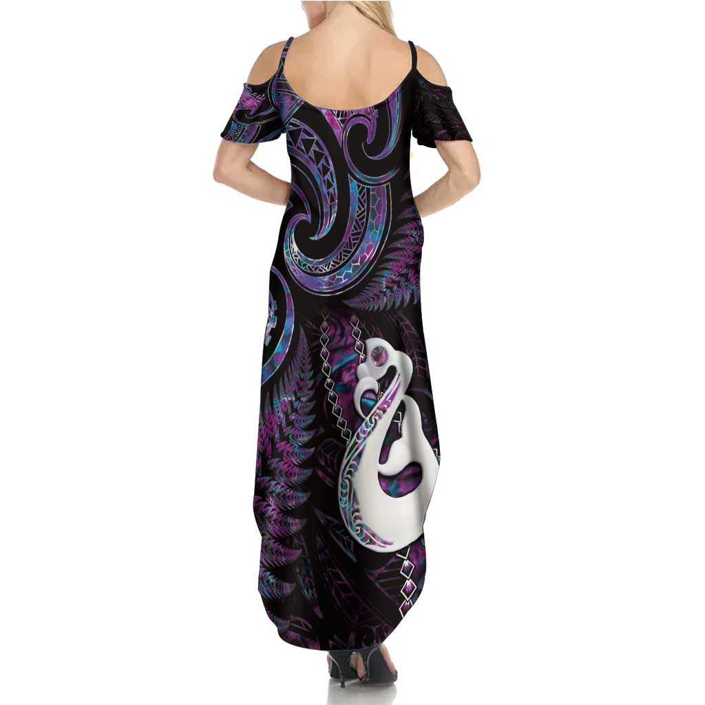 New Zealand Aotearoa Family Matching Summer Maxi Dress and Hawaiian Shirt Maori Manaia Paua Shell Glitter Purple LT05 - Polynesian Pride