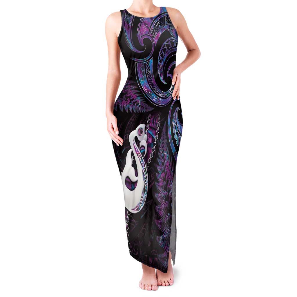 New Zealand Aotearoa Family Matching Tank Maxi Dress and Hawaiian Shirt Maori Manaia Paua Shell Glitter Purple LT05 Mom's Dress Purple - Polynesian Pride