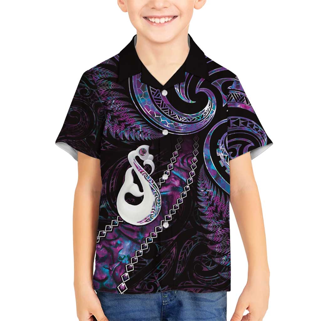 New Zealand Aotearoa Family Matching Tank Maxi Dress and Hawaiian Shirt Maori Manaia Paua Shell Glitter Purple LT05 Son's Shirt Purple - Polynesian Pride