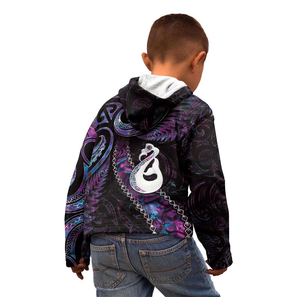New Zealand Aotearoa Kid Hoodie Maori Manaia Paua Shell Glitter Purple LT05 - Polynesian Pride