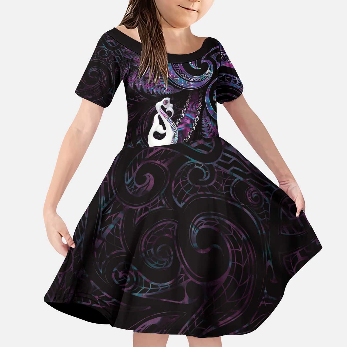 New Zealand Aotearoa Kid Short Sleeve Dress Maori Manaia Paua Shell Glitter Purple LT05 KID Purple - Polynesian Pride