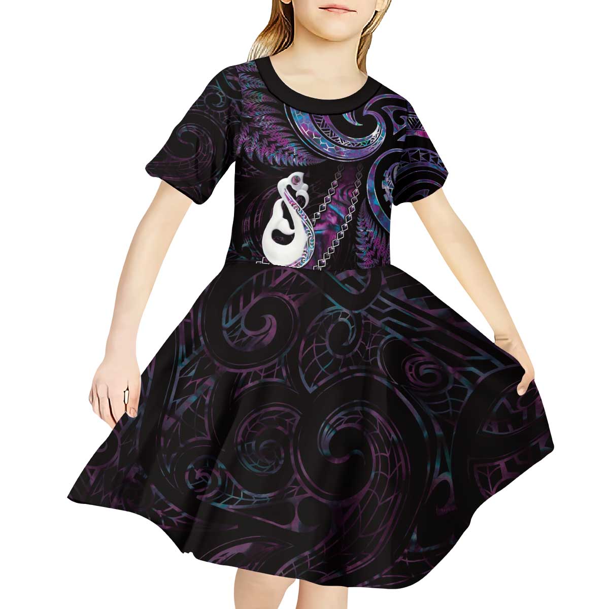 New Zealand Aotearoa Kid Short Sleeve Dress Maori Manaia Paua Shell Glitter Purple LT05 - Polynesian Pride