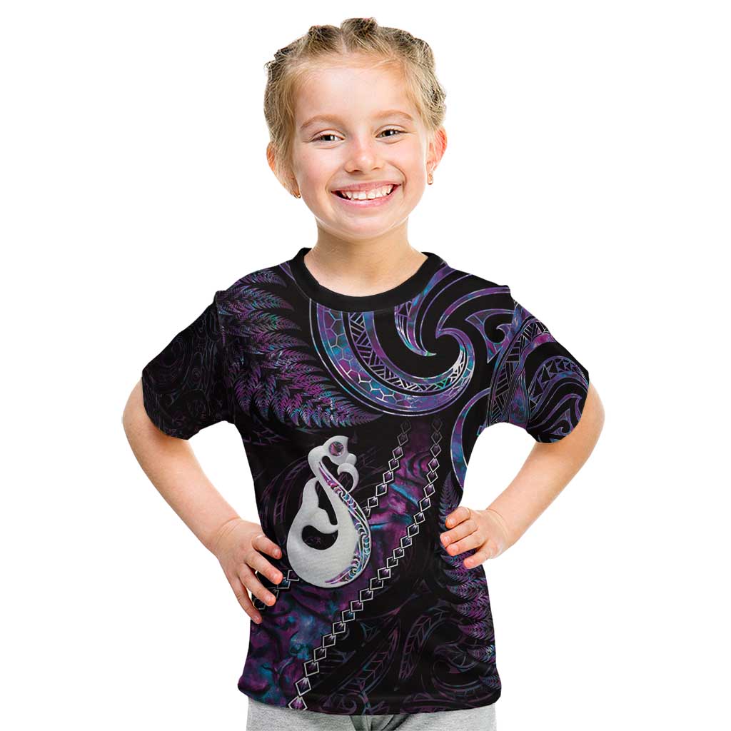 New Zealand Aotearoa Kid T Shirt Maori Manaia Paua Shell Glitter Purple LT05 Purple - Polynesian Pride