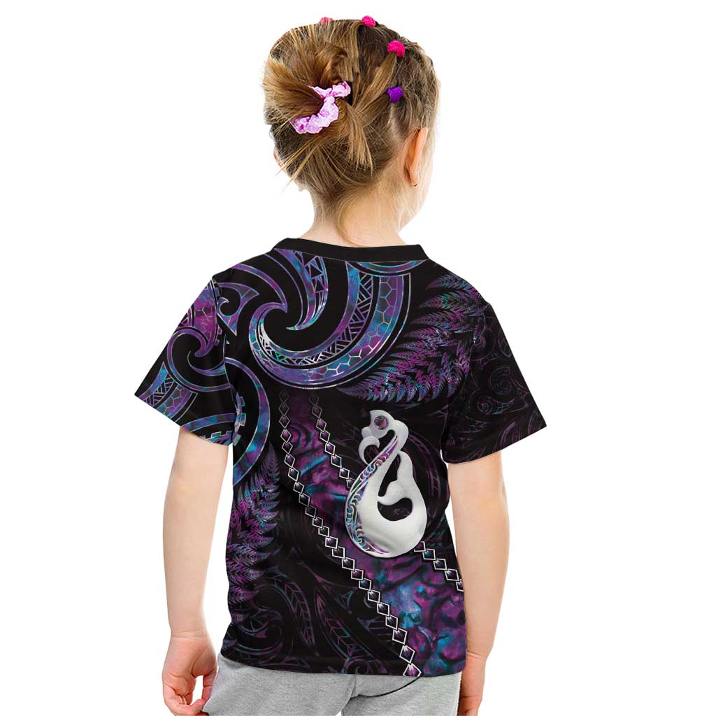 New Zealand Aotearoa Kid T Shirt Maori Manaia Paua Shell Glitter Purple LT05 - Polynesian Pride