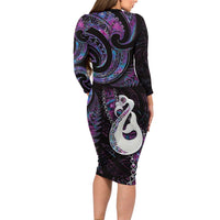 New Zealand Aotearoa Long Sleeve Bodycon Dress Maori Manaia Paua Shell Glitter Purple LT05 - Polynesian Pride