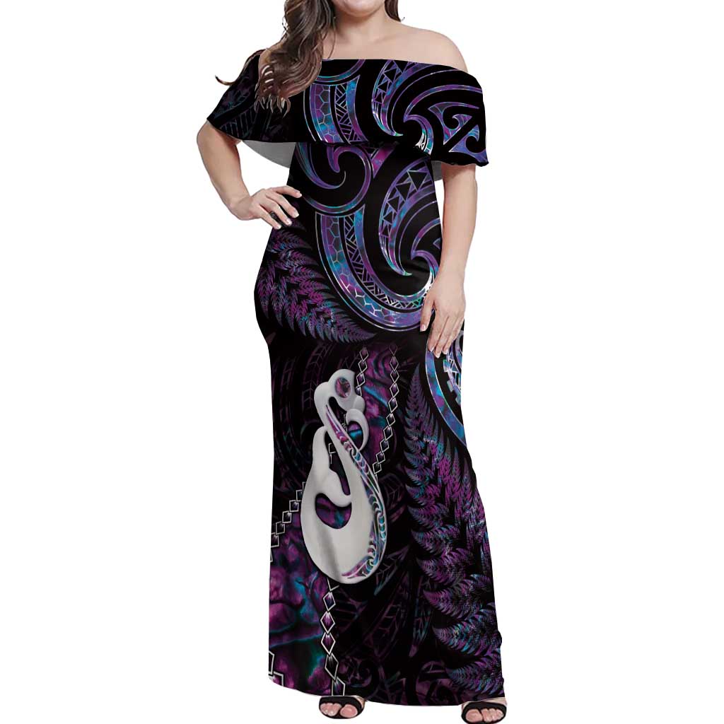 New Zealand Aotearoa Off Shoulder Maxi Dress Maori Manaia Paua Shell Glitter Purple LT05 Women Purple - Polynesian Pride