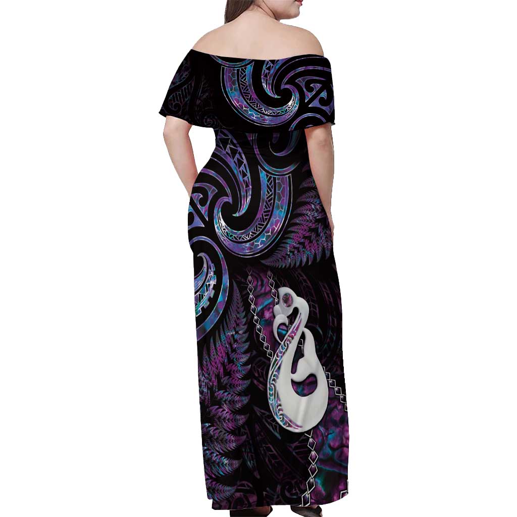 New Zealand Aotearoa Off Shoulder Maxi Dress Maori Manaia Paua Shell Glitter Purple LT05 - Polynesian Pride