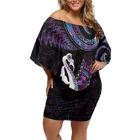 New Zealand Aotearoa Off Shoulder Short Dress Maori Manaia Paua Shell Glitter Purple LT05 Women Purple - Polynesian Pride