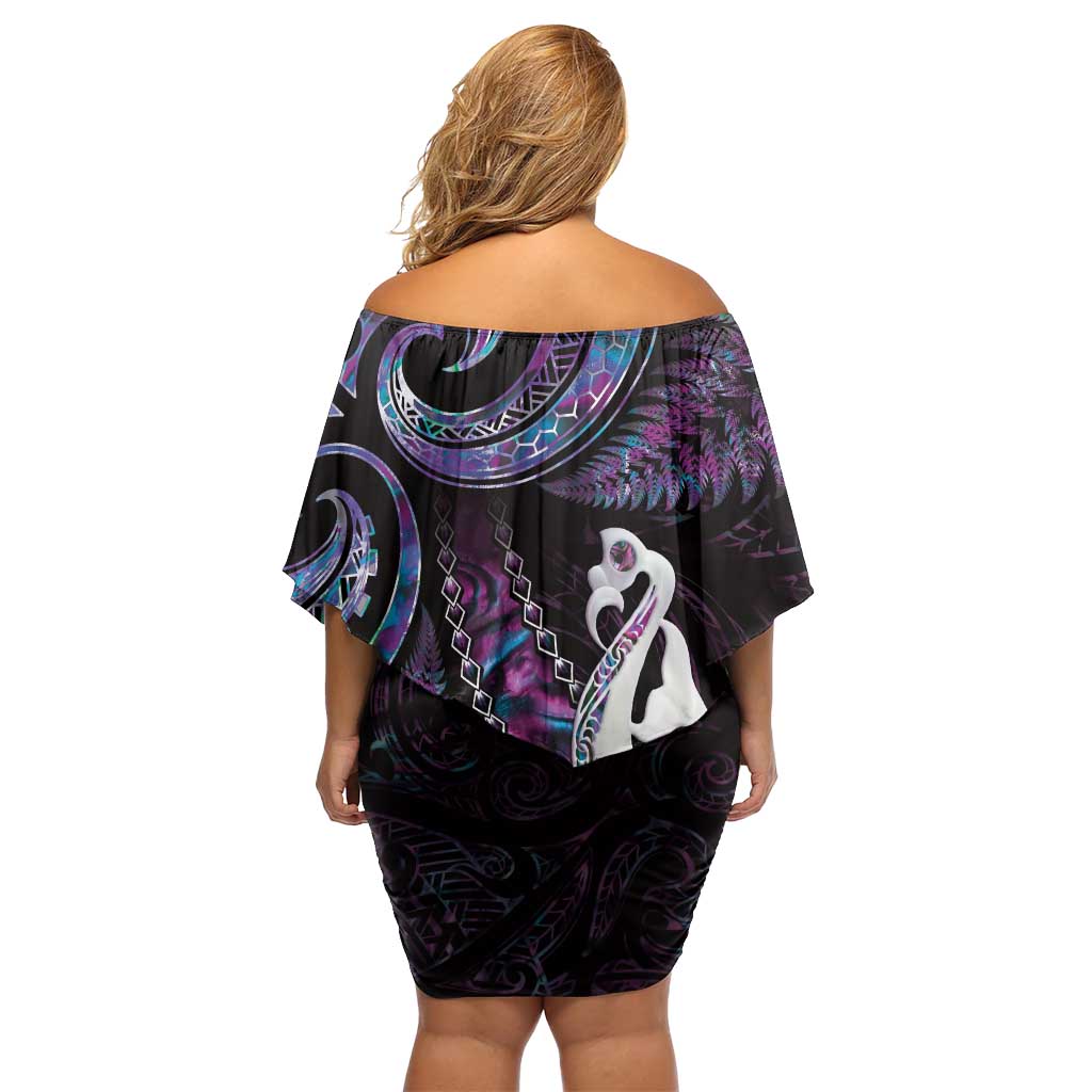 New Zealand Aotearoa Off Shoulder Short Dress Maori Manaia Paua Shell Glitter Purple LT05 - Polynesian Pride