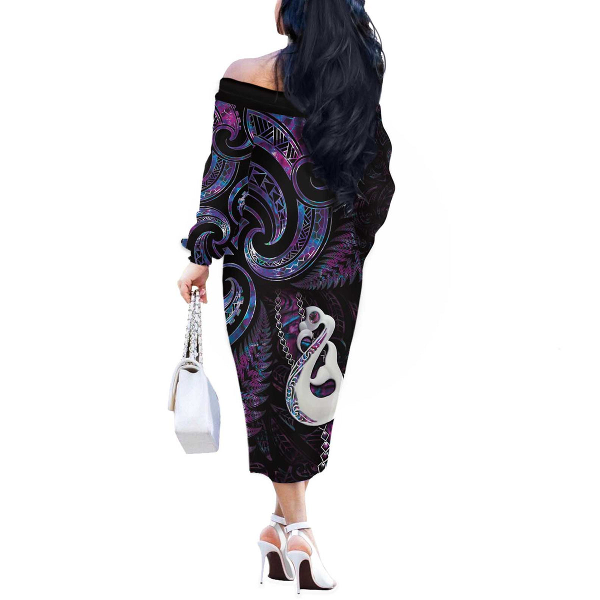 New Zealand Aotearoa Off The Shoulder Long Sleeve Dress Maori Manaia Paua Shell Glitter Purple LT05 - Polynesian Pride
