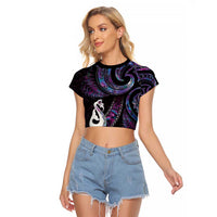 New Zealand Aotearoa Raglan Cropped T Shirt Maori Manaia Paua Shell Glitter Purple LT05 Female Purple - Polynesian Pride