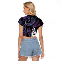 New Zealand Aotearoa Raglan Cropped T Shirt Maori Manaia Paua Shell Glitter Purple LT05 - Polynesian Pride