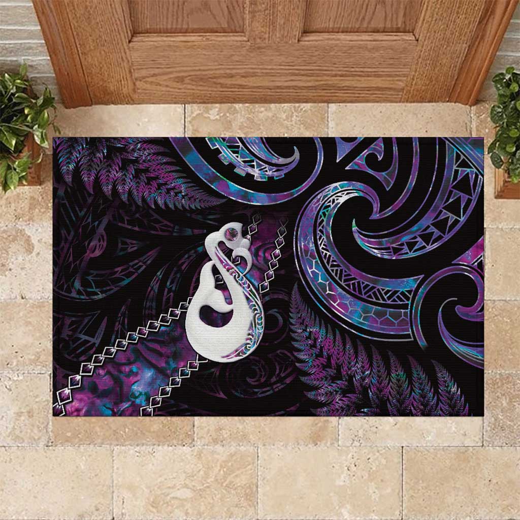 New Zealand Aotearoa Rubber Doormat Maori Manaia Paua Shell Glitter Purple