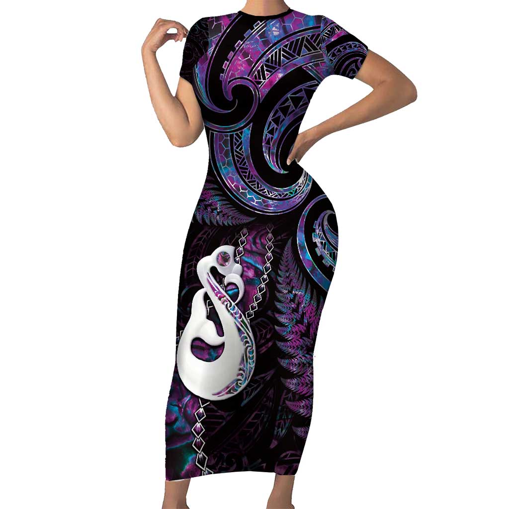 New Zealand Aotearoa Short Sleeve Bodycon Dress Maori Manaia Paua Shell Glitter Purple LT05 Long Dress Purple - Polynesian Pride