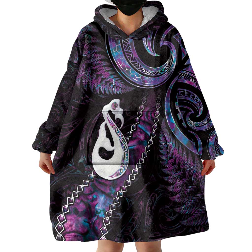 New Zealand Aotearoa Wearable Blanket Hoodie Maori Manaia Paua Shell Glitter Purple LT05 - Polynesian Pride