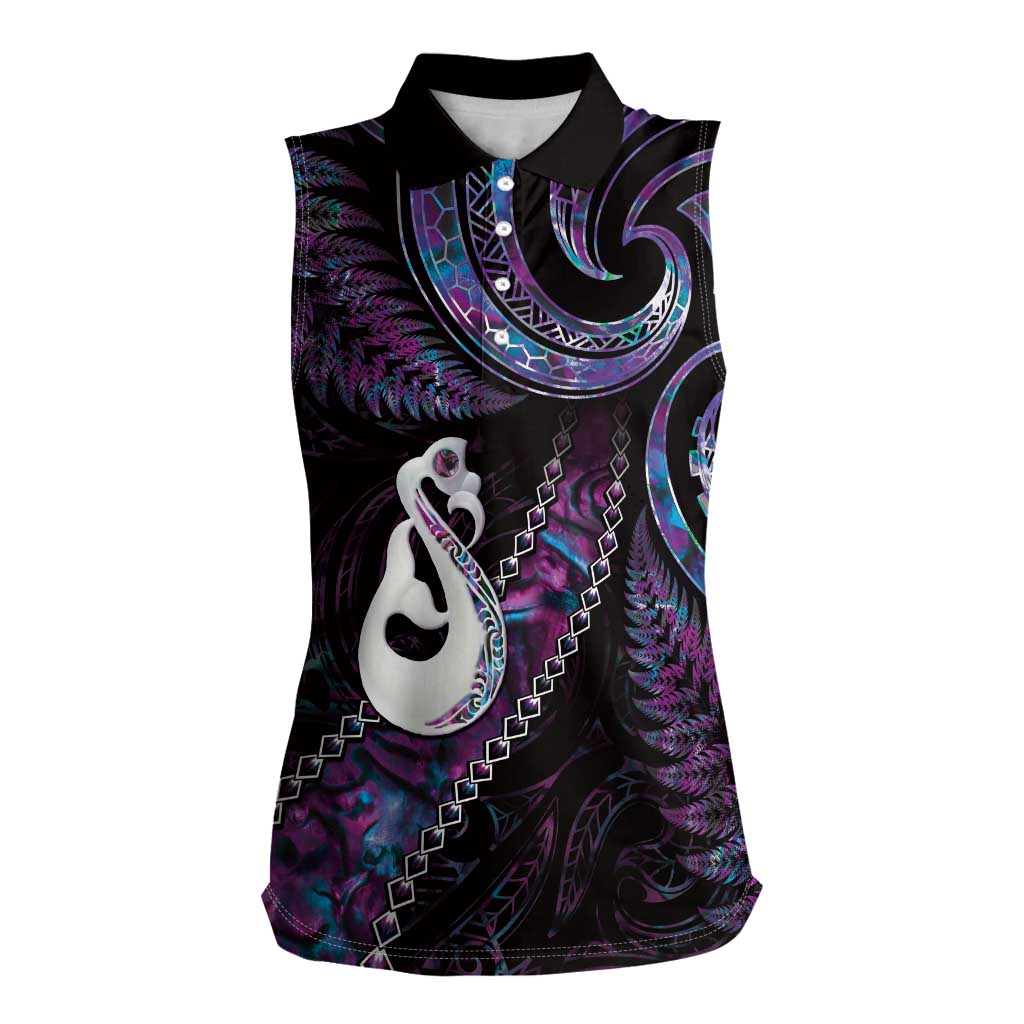 New Zealand Aotearoa Women Sleeveless Polo Shirt Maori Manaia Paua Shell Glitter Purple LT05 Female Purple - Polynesian Pride