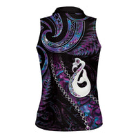 New Zealand Aotearoa Women Sleeveless Polo Shirt Maori Manaia Paua Shell Glitter Purple LT05 - Polynesian Pride