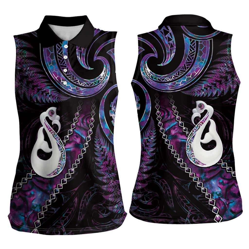 New Zealand Aotearoa Women Sleeveless Polo Shirt Maori Manaia Paua Shell Glitter Purple LT05 - Polynesian Pride