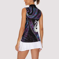 New Zealand Aotearoa Women Sleeveless Polo Shirt Maori Manaia Paua Shell Glitter Purple LT05 - Polynesian Pride