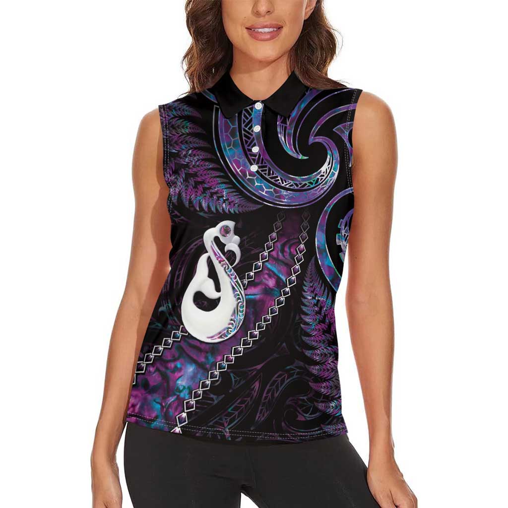 New Zealand Aotearoa Women Sleeveless Polo Shirt Maori Manaia Paua Shell Glitter Purple LT05 - Polynesian Pride