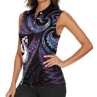 New Zealand Aotearoa Women Sleeveless Polo Shirt Maori Manaia Paua Shell Glitter Purple LT05 - Polynesian Pride