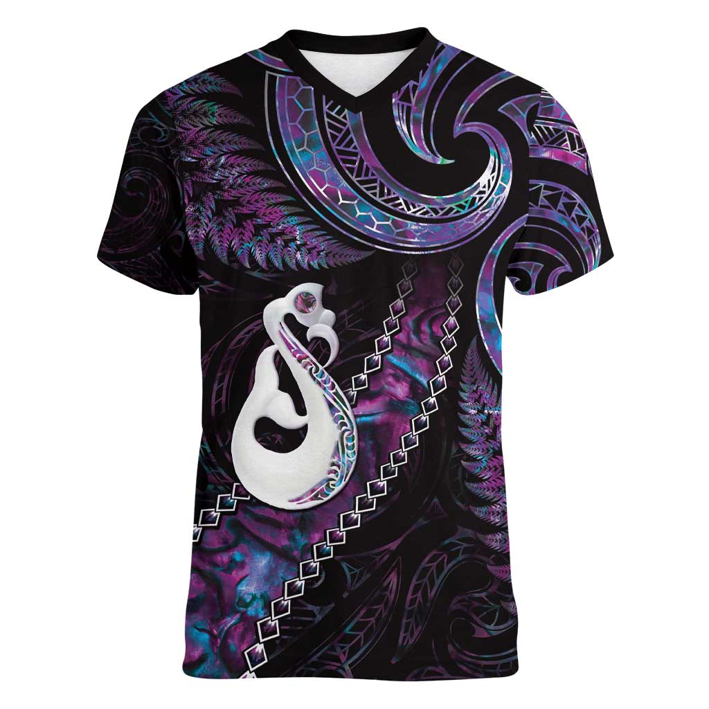 New Zealand Aotearoa Women V-Neck T-Shirt Maori Manaia Paua Shell Glitter Purple LT05 Female Purple - Polynesian Pride