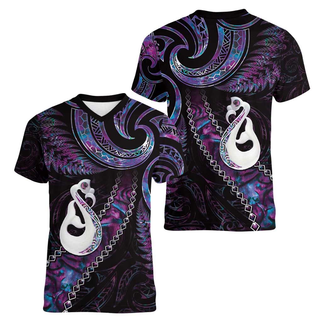 New Zealand Aotearoa Women V-Neck T-Shirt Maori Manaia Paua Shell Glitter Purple LT05 - Polynesian Pride