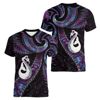 New Zealand Aotearoa Women V-Neck T-Shirt Maori Manaia Paua Shell Glitter Purple LT05 - Polynesian Pride