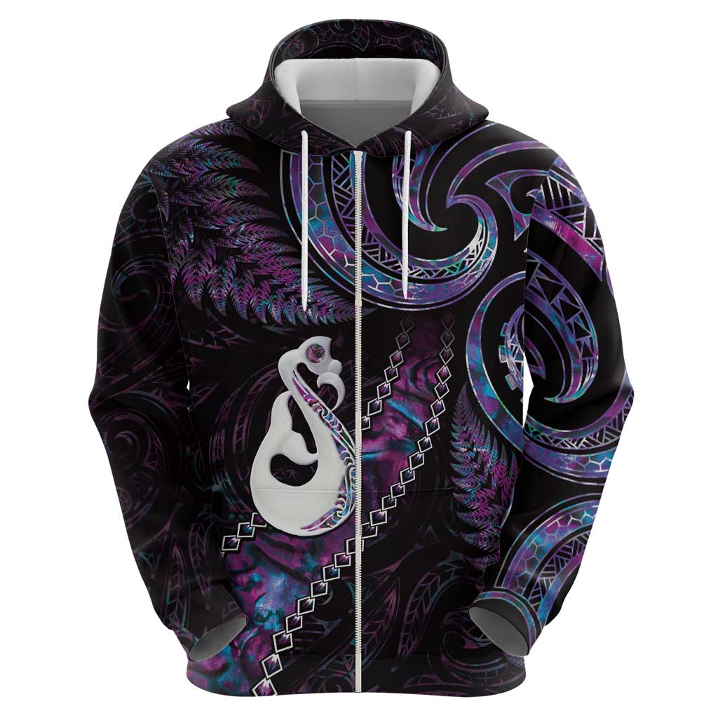 New Zealand Aotearoa Zip Hoodie Maori Manaia Paua Shell Glitter Purple LT05 - Polynesian Pride