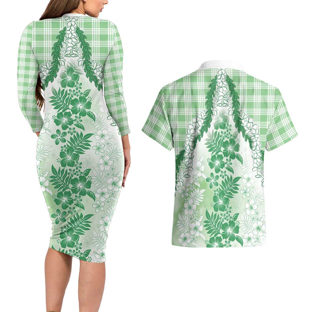 Aloha Hawaii Palaka Couples Matching Long Sleeve Bodycon Dress and Hawaiian Shirt Green Plumeria Lei LT05 - Polynesian Pride