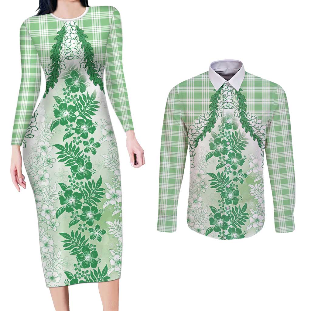 Aloha Hawaii Palaka Couples Matching Long Sleeve Bodycon Dress and Long Sleeve Button Shirt Green Plumeria Lei LT05 Green - Polynesian Pride