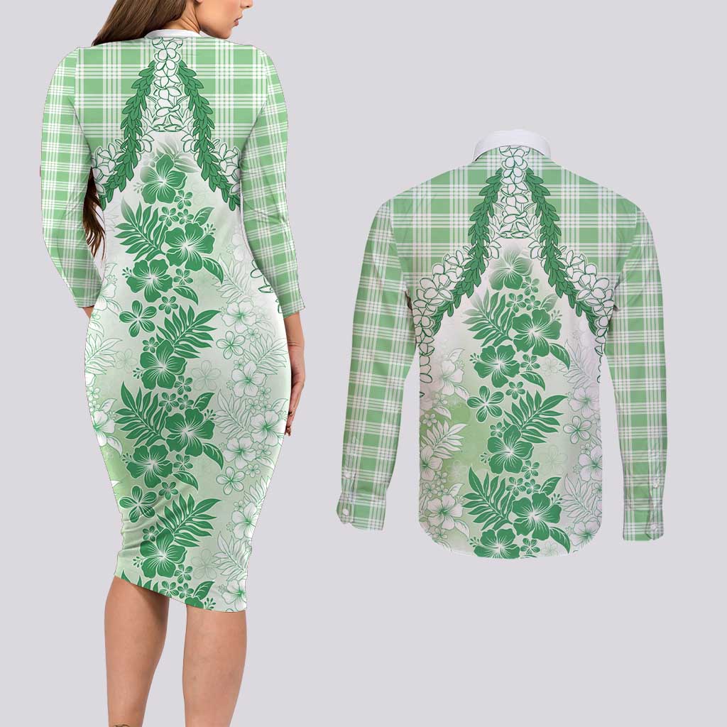 Aloha Hawaii Palaka Couples Matching Long Sleeve Bodycon Dress and Long Sleeve Button Shirt Green Plumeria Lei LT05 - Polynesian Pride