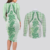 Aloha Hawaii Palaka Couples Matching Long Sleeve Bodycon Dress and Long Sleeve Button Shirt Green Plumeria Lei LT05 - Polynesian Pride