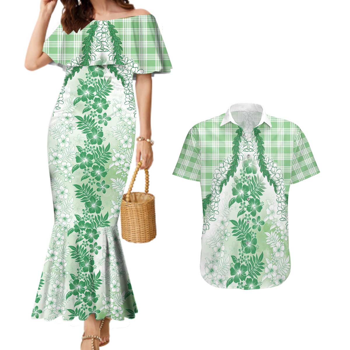 Aloha Hawaii Palaka Couples Matching Mermaid Dress and Hawaiian Shirt Green Plumeria Lei - Polynesian Pride