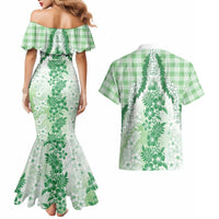 Aloha Hawaii Palaka Couples Matching Mermaid Dress and Hawaiian Shirt Green Plumeria Lei LT05 - Polynesian Pride