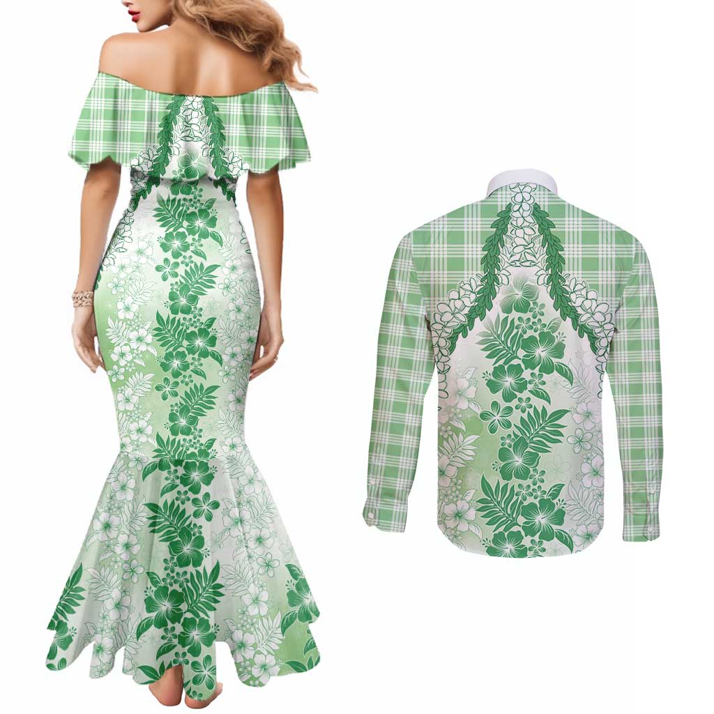 Aloha Hawaii Palaka Couples Matching Mermaid Dress and Long Sleeve Button Shirt Green Plumeria Lei LT05 - Polynesian Pride