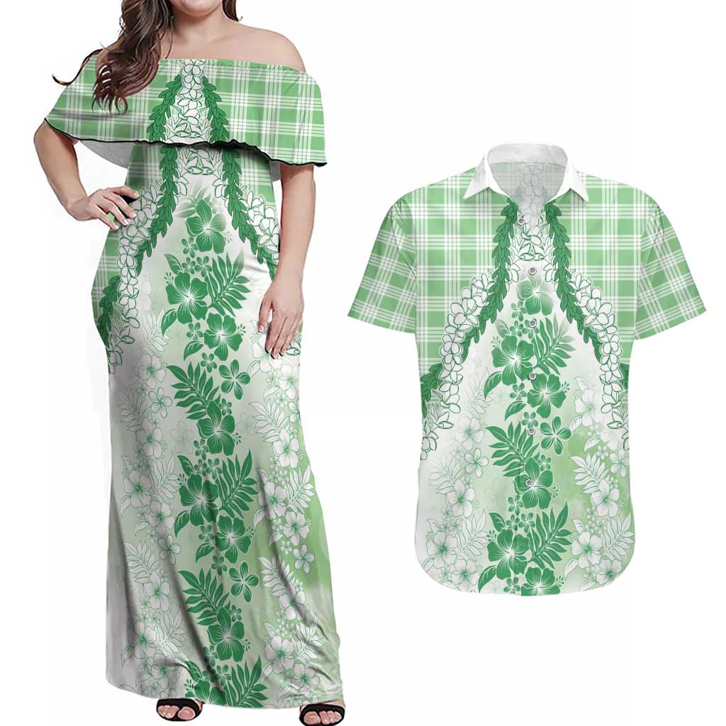 Aloha Hawaii Palaka Couples Matching Off Shoulder Maxi Dress and Hawaiian Shirt Green Plumeria Lei LT05 Green - Polynesian Pride