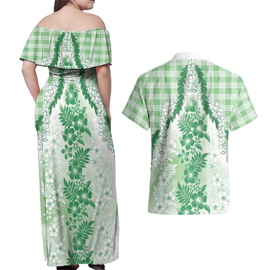 Aloha Hawaii Palaka Couples Matching Off Shoulder Maxi Dress and Hawaiian Shirt Green Plumeria Lei LT05 - Polynesian Pride