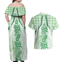 Aloha Hawaii Palaka Couples Matching Off Shoulder Maxi Dress and Hawaiian Shirt Green Plumeria Lei LT05 - Polynesian Pride