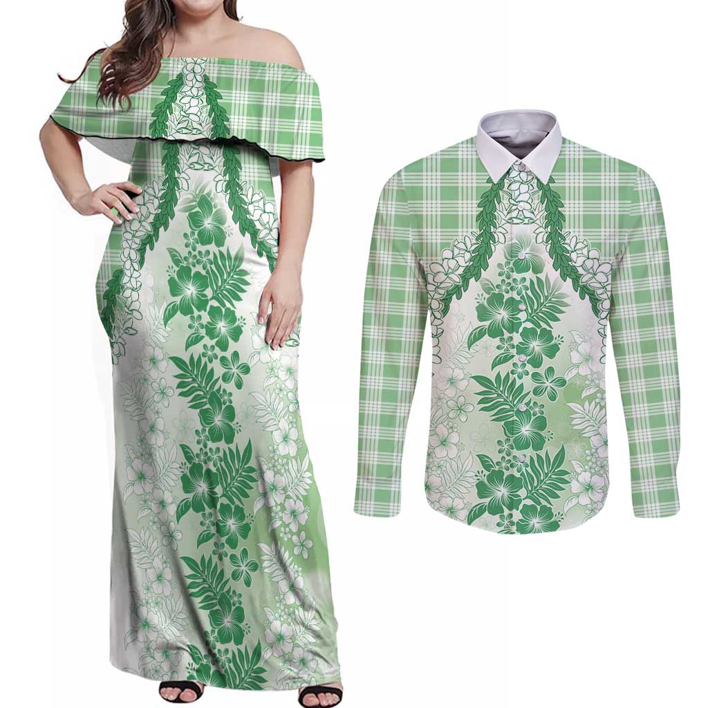 Aloha Hawaii Palaka Couples Matching Off Shoulder Maxi Dress and Long Sleeve Button Shirt Green Plumeria Lei LT05 Green - Polynesian Pride