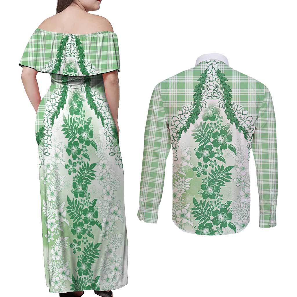 Aloha Hawaii Palaka Couples Matching Off Shoulder Maxi Dress and Long Sleeve Button Shirt Green Plumeria Lei LT05 - Polynesian Pride
