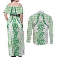 Aloha Hawaii Palaka Couples Matching Off Shoulder Maxi Dress and Long Sleeve Button Shirt Green Plumeria Lei LT05 - Polynesian Pride