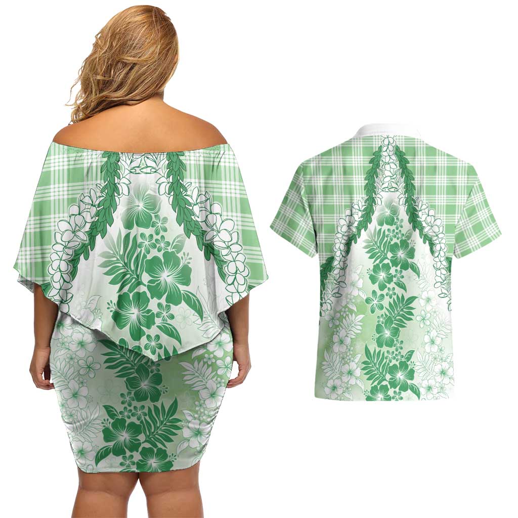 Aloha Hawaii Palaka Couples Matching Off Shoulder Short Dress and Hawaiian Shirt Green Plumeria Lei LT05 - Polynesian Pride