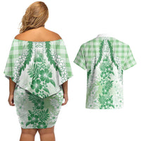 Aloha Hawaii Palaka Couples Matching Off Shoulder Short Dress and Hawaiian Shirt Green Plumeria Lei LT05 - Polynesian Pride